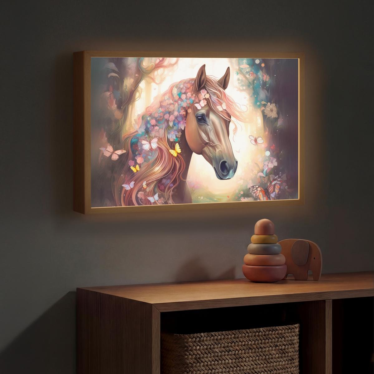 NACHTTISCHLAMPE MIT AKKU Pferd - Natur - Blumen - Schmetterlinge - Wald 60x40 cm - Dunkelbraun, Holzwerkstoff (8/60/40cm) - OnlyWow
