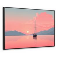 LEINWAND Bilder mit Rahmen - Segelboot - Rosa Meer - Sonnenuntergang - Berge - 140x90 - Rosa, Textil (140/90cm) - MuchoWow