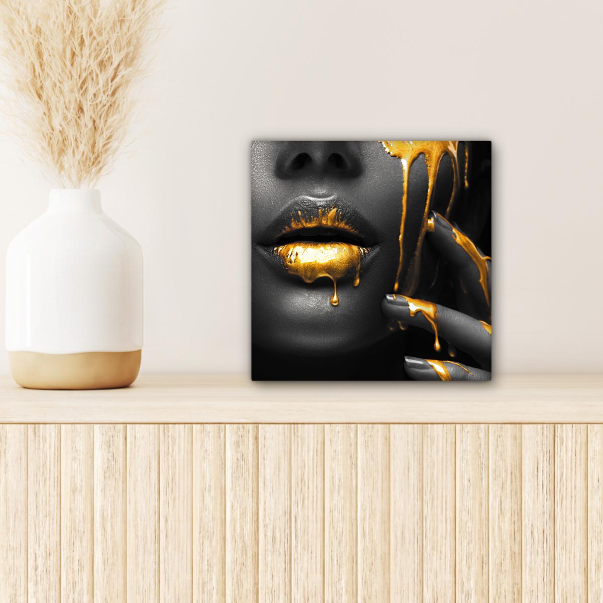 LEINWANDBILD Frau - Schwarz - Gold - Gesicht - Lippen Deko Wohnzimmer 20x20 cm - Goldfarben, Textil (20/20cm) - MuchoWow