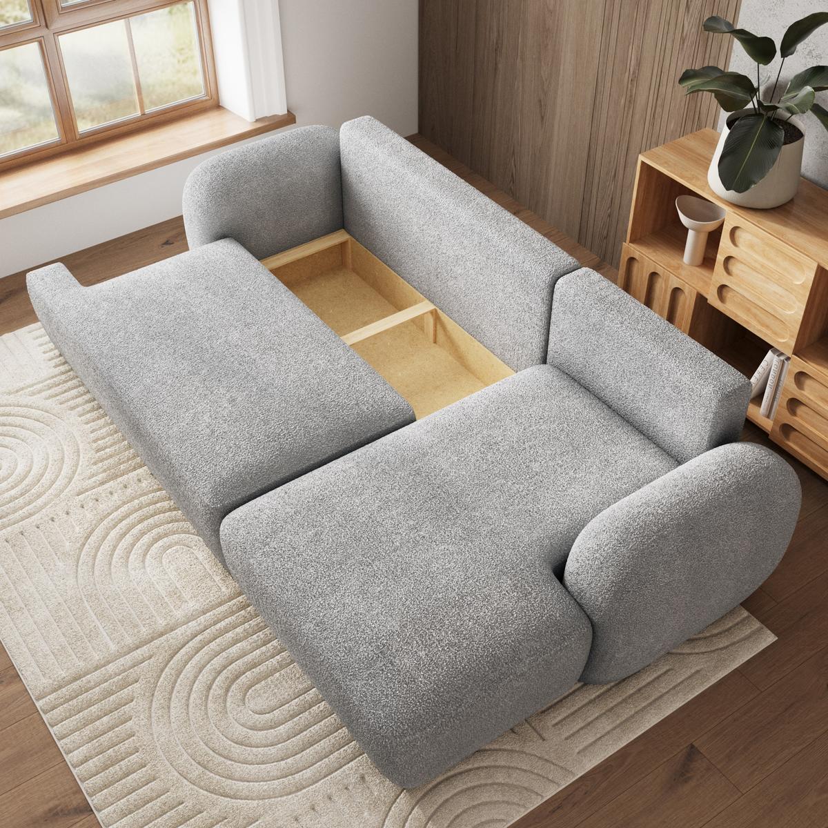 ECKSOFA MODENZA N R-S Hellgrau Boucle-Stoff mit Schlaffunktion - Hellgrau/Schwarz, Holz/Kunststoff (266/148cm) - MASSENO