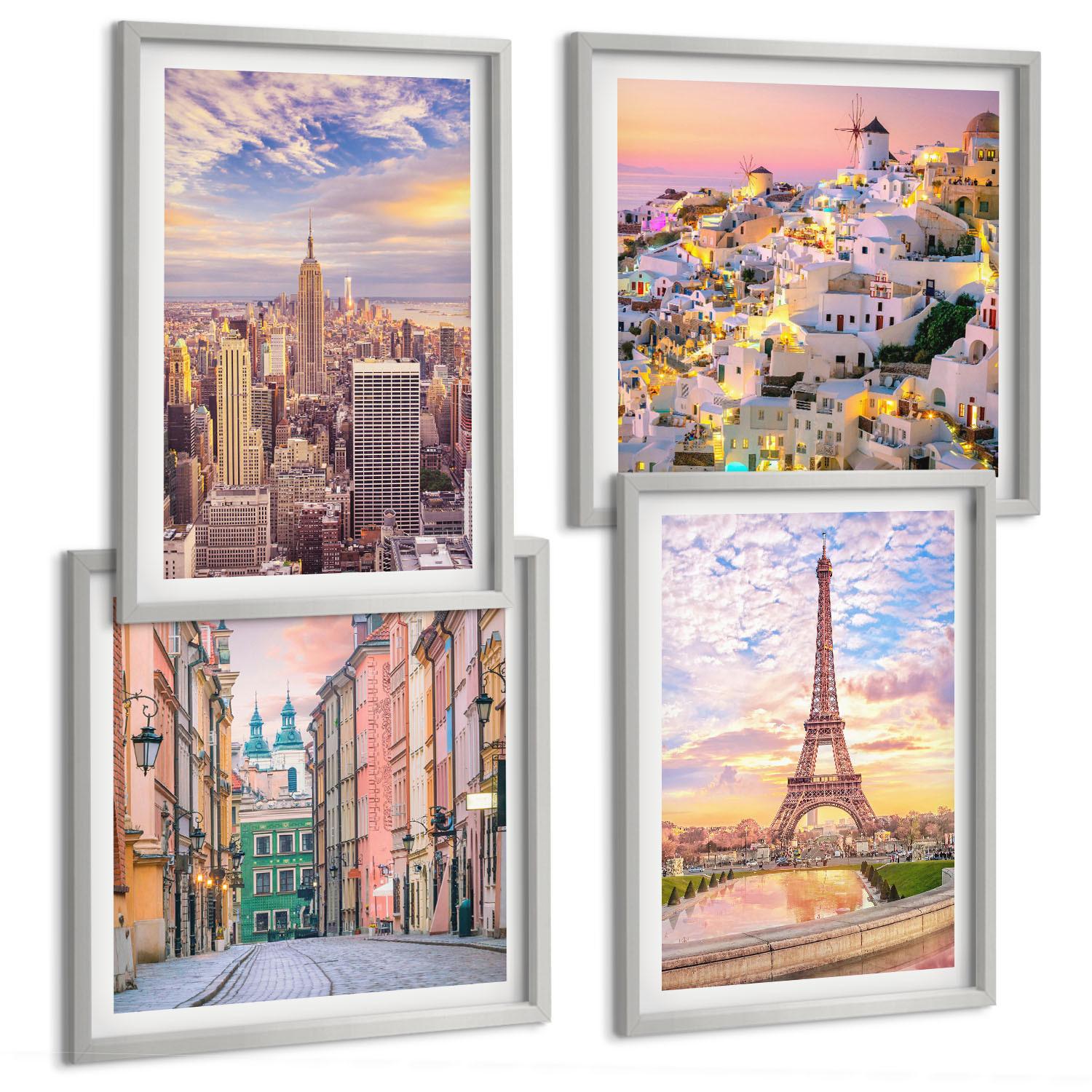 BILDER SET 4er Set - 50x50 cm & 40x60 cm Silberner Rahmen - New York Paris Oia Warschau Dämmerung - Silberfarben, Kunststoff (50/50cm) - TULUP