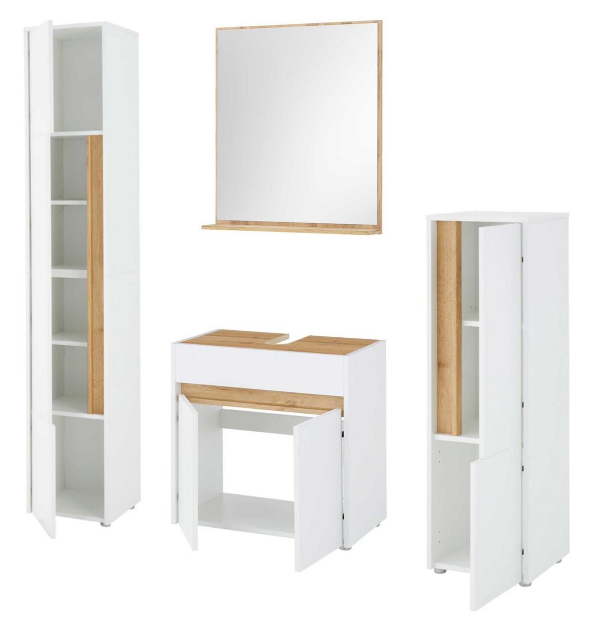 BADMÖBEL-SET 4-teilig weiß, Wotan Eiche, Badkombination 168 cm - Eiche Wotan/Silberfarben, Glas/Holz (171/200/34cm) - Furn.Design