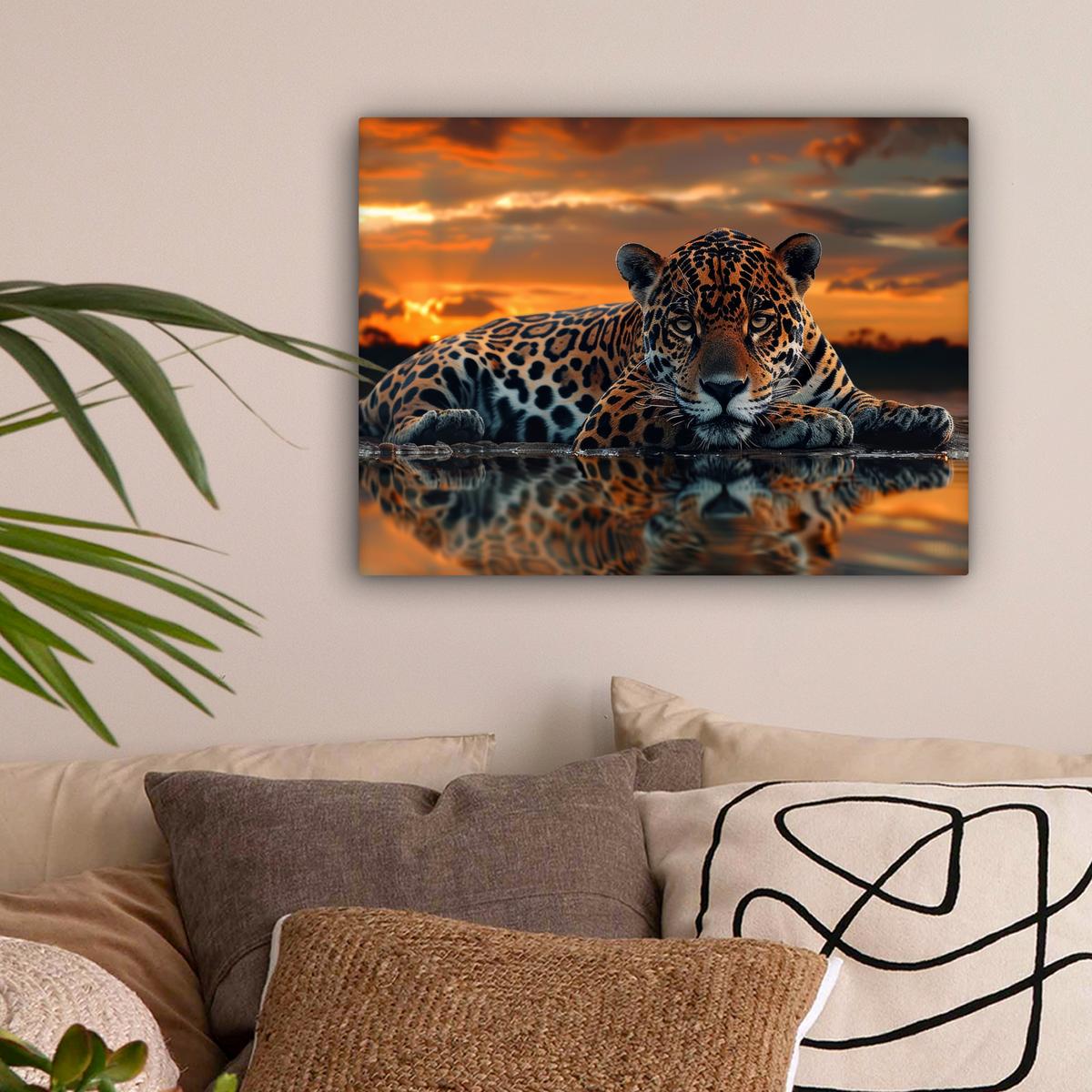 LEINWANDBILD Natur - Leopard - Tier - Sonnenuntergang - Modern Wandbild 40x30 cm - Orange, Textil (40/30cm) - MuchoWow