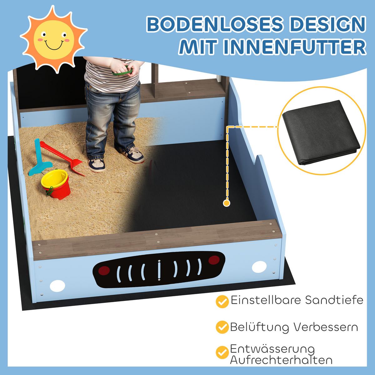 SANDKASTEN mit Dach, 90 x 108 cm Sandkiste aus Holz Sandbox mit Sitzbank Blau - Blau, Holz (108/90/104cm) - AIYAPLAY