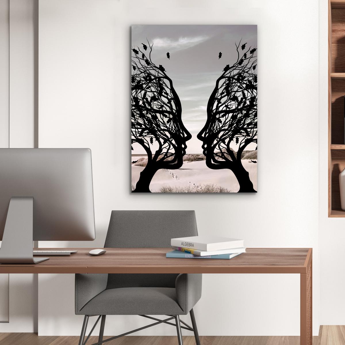 METALLBILD Strand - Meer - Menschen - Baum - Moderne Kunst 60x80 cm - Hellgrau, Metall (60/80cm) - MuchoWow