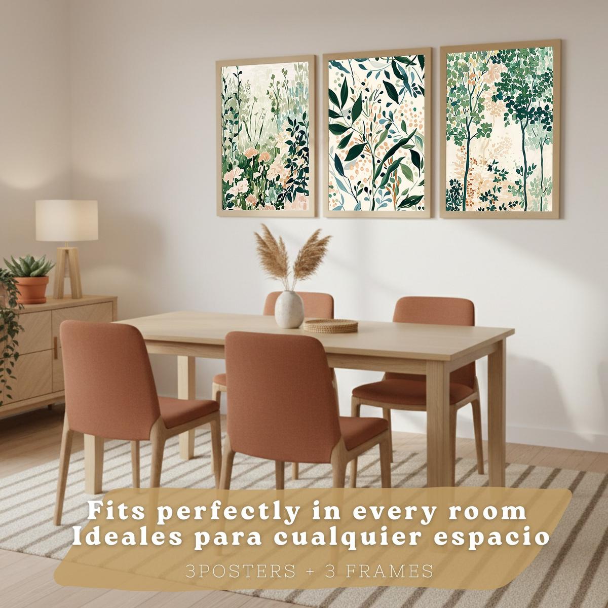 POSTER 3er-Set Wandbilder Floral Landschaft modern Wohnzimmer Deko, Schlafzimmer, Küche, Badezimmer Leichter Holzrahmen A4 - Beige, Papier (29.7/1/21cm) - Nacnic