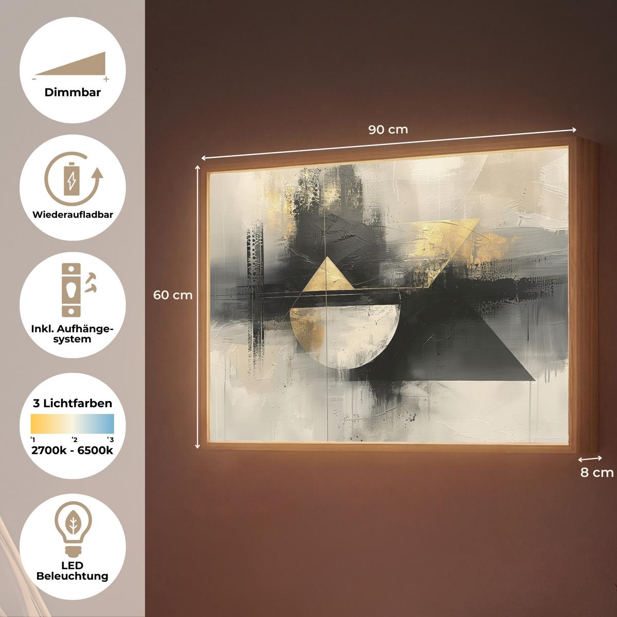 WANDLEUCHTE MIT AKKU Abstrakt - Schwarz - Farbe - Modern 90x60 cm - Grau, Holzwerkstoff (90/60/8cm) - OnlyWow