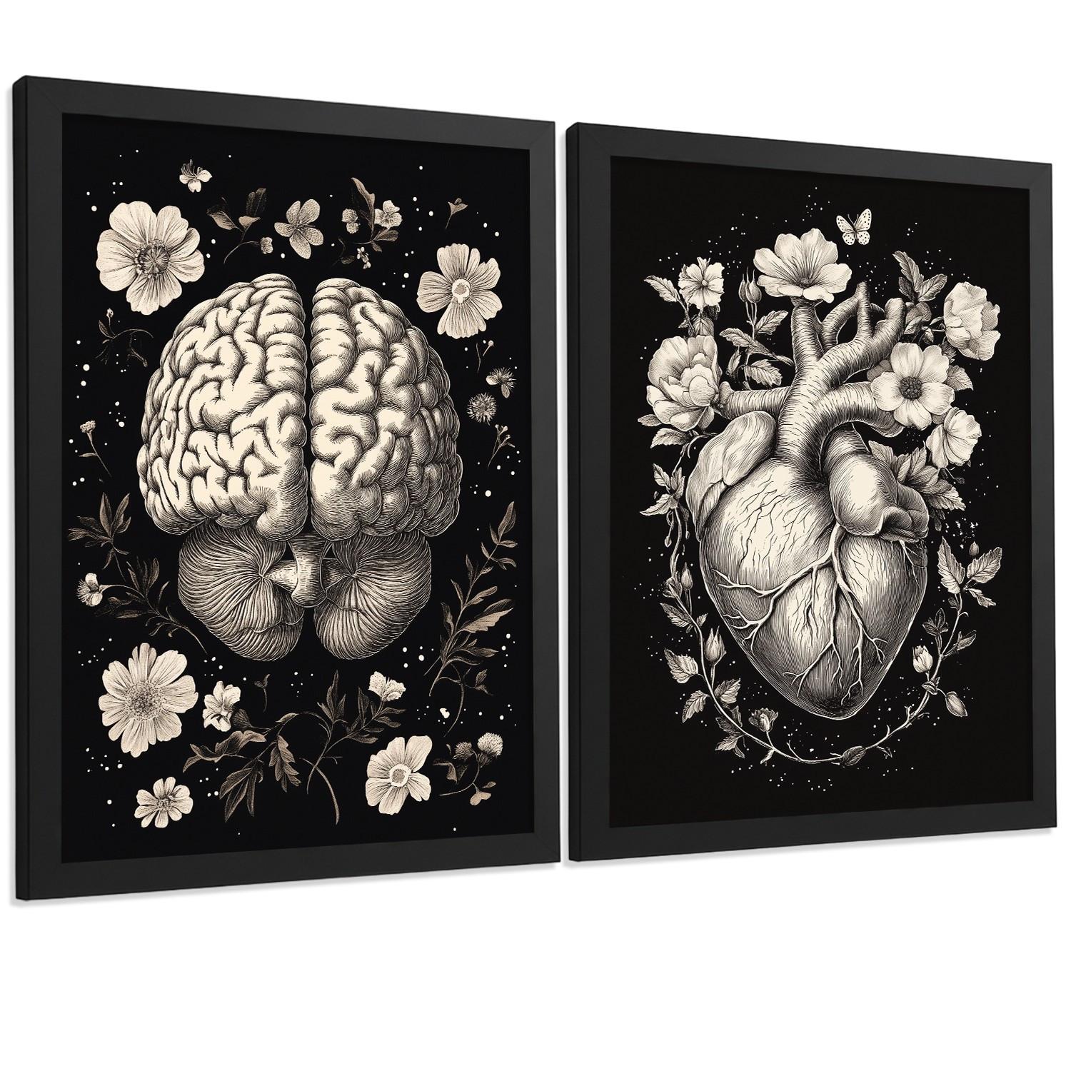 POSTER Set aus 2 Anatomie Mensch Drucke und Wandbilder mit Gehirn und Herz Monochromes Florales Design Schwarzer Hintergrund Größe Schwarzer Rahmen A4 - Schwarz, Papier (21/29.7/3cm) - Nacnic