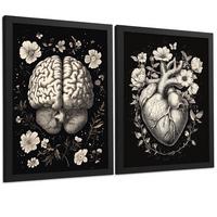 POSTER Set aus 2 Anatomie Mensch Drucke und Wandbilder mit Gehirn und Herz Monochromes Florales Design Schwarzer Hintergrund Größe Schwarzer Rahmen A4 - Schwarz, Papier (21/29.7/3cm) - Nacnic
