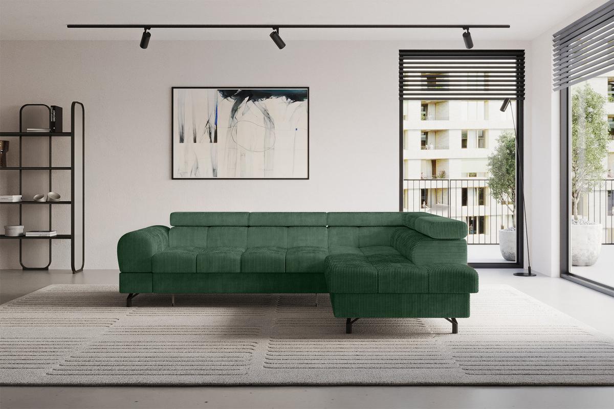 ECKSOFA mit Schlaffunktion Ottomane Rechts LUMA-L 272x203x70 Grün Cord - Schwarz/Grün, Holzwerkstoff/Kunststoff (203/272cm) - ALTDECOR