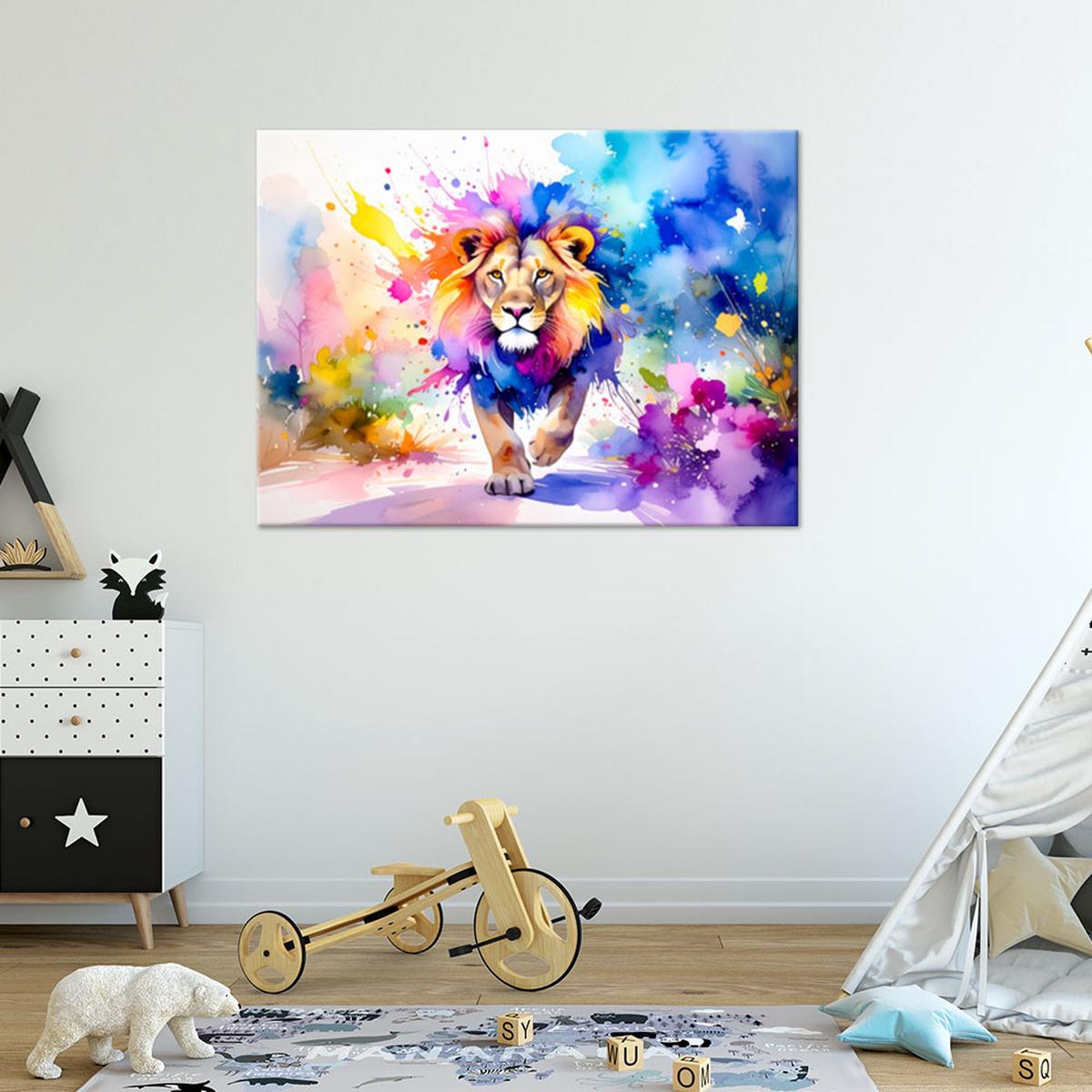 LEINWANDBILD Bunter Löwe im Dschungel Aquarell 100x70cm - Multicolor, Textil (100/70cm) - Feeby