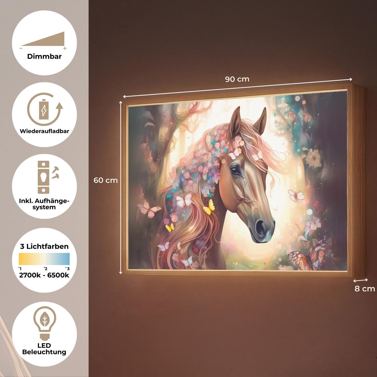 NACHTTISCHLAMPE MIT AKKU Pferd - Natur - Blumen - Schmetterlinge - Wald 90x60 cm - Dunkelbraun, Holzwerkstoff (8/90/60cm) - OnlyWow