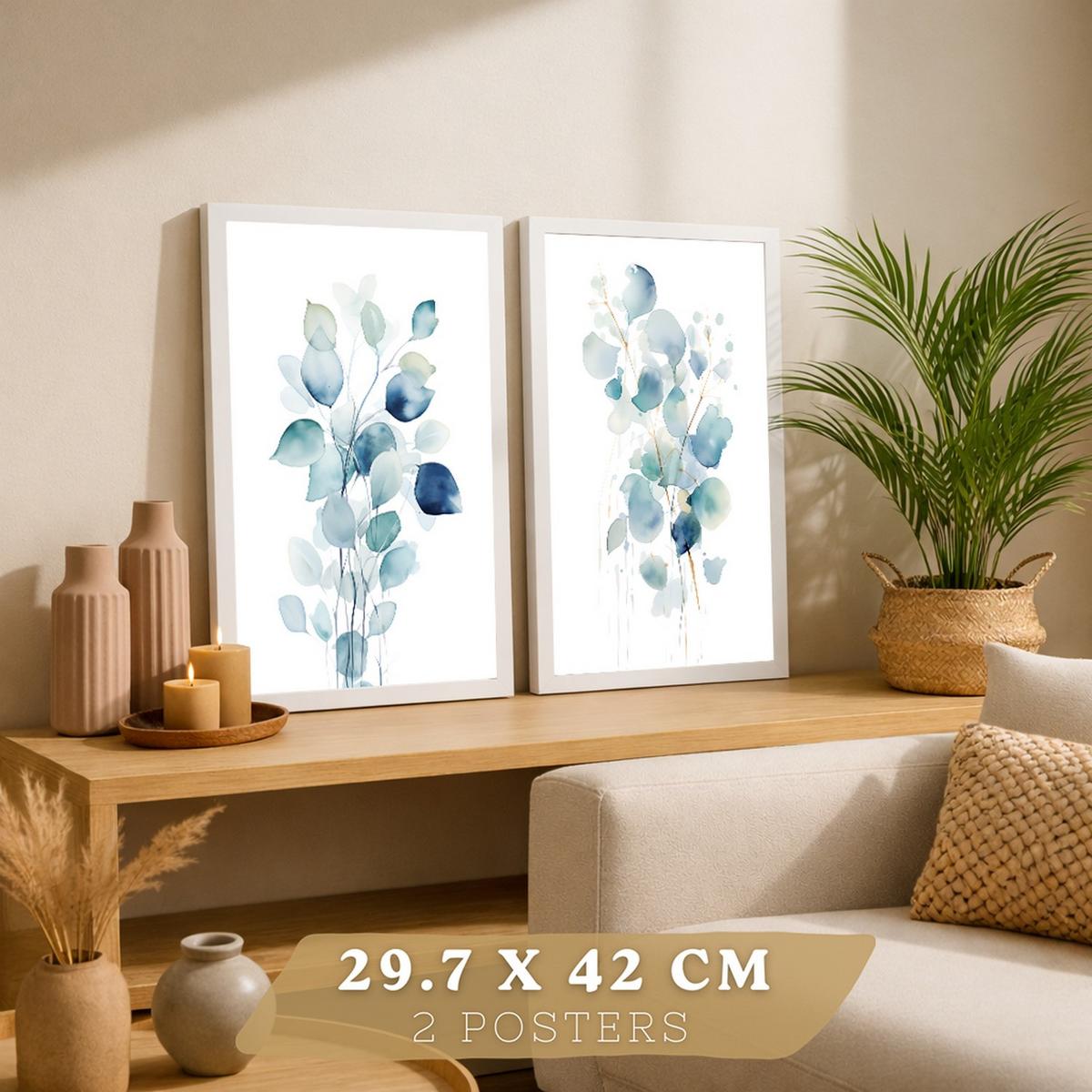 POSTER 2er-Set Wandbilder Blumen Aquarell modern Wohnzimmer Deko, Schlafzimmer, Küche, Badezimmer Weißer Rahmen A4 - Weiß, Papier (29.7/1/21cm) - Nacnic