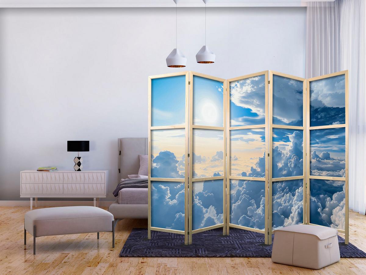 PARAVENT Japanischer 5-tlg 225x172 cm Wolken Und Sonne - Blau, Holz/Textil (225/172/3cm) - Muralo
