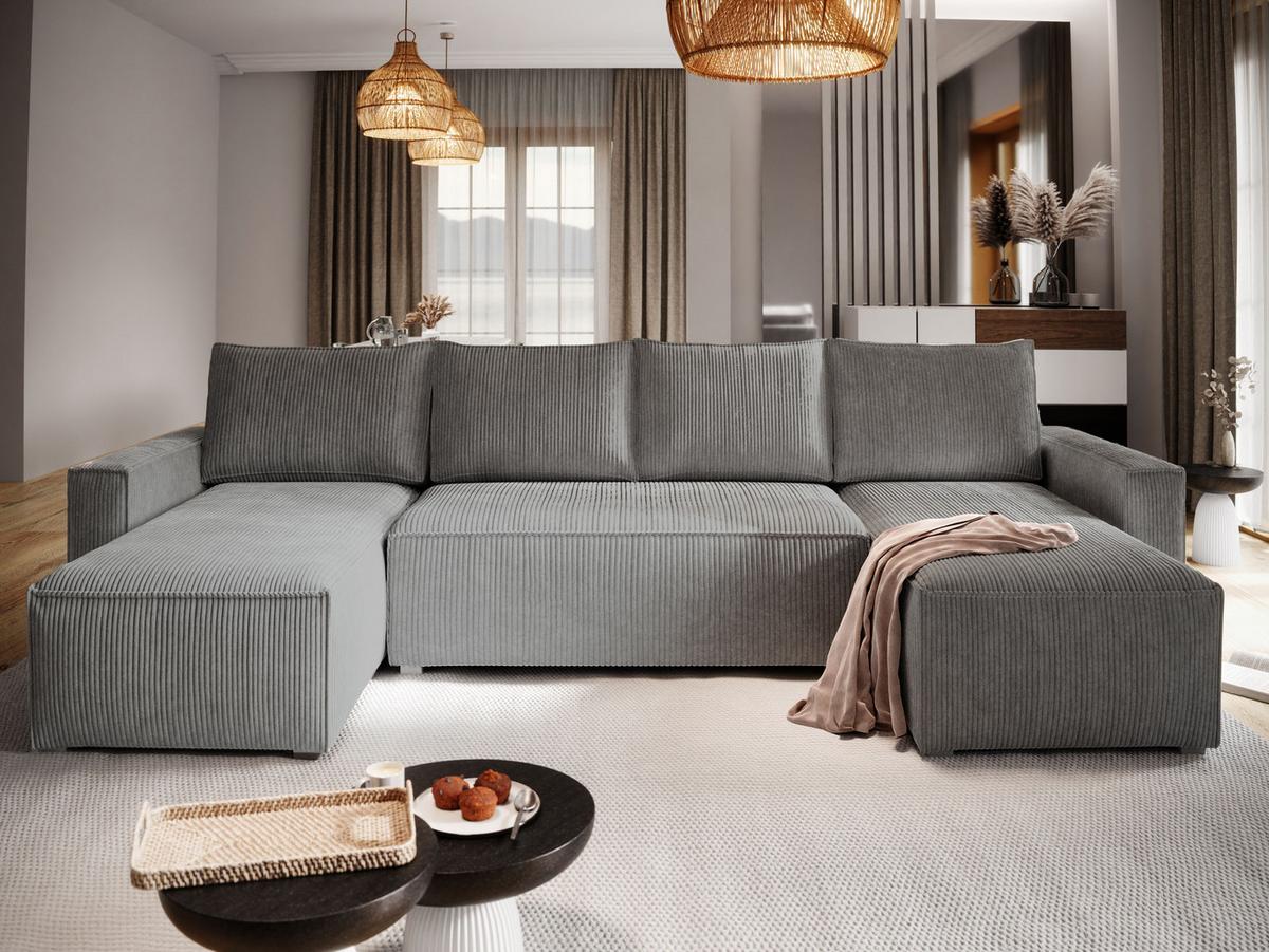 WOHNLANDSCHAFT ASPRA Grau Kordstoff mit Schlaffunktion - Grau, Holz/Kunststoff (295/85/140cm) - MASSENO
