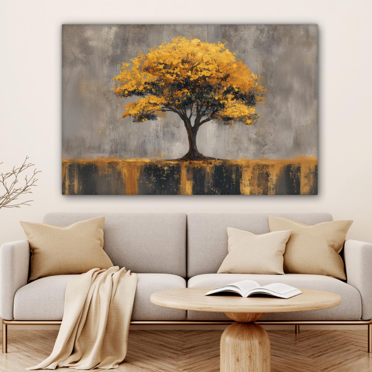 LEINWANDBILD Baum - Blätter - Gold - Abstrakt XXL 150x100 cm - Grau, Textil (150/100cm) - MuchoWow