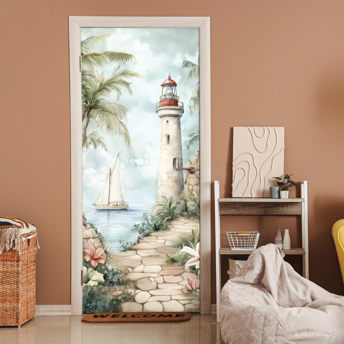 TÜRAUFKLEBER Leuchtturm - Natur - Landschaft - Boot 90x215 cm - Türtapete - Eichefarben, Kunststoff (90/0.1cm) - MuchoWow