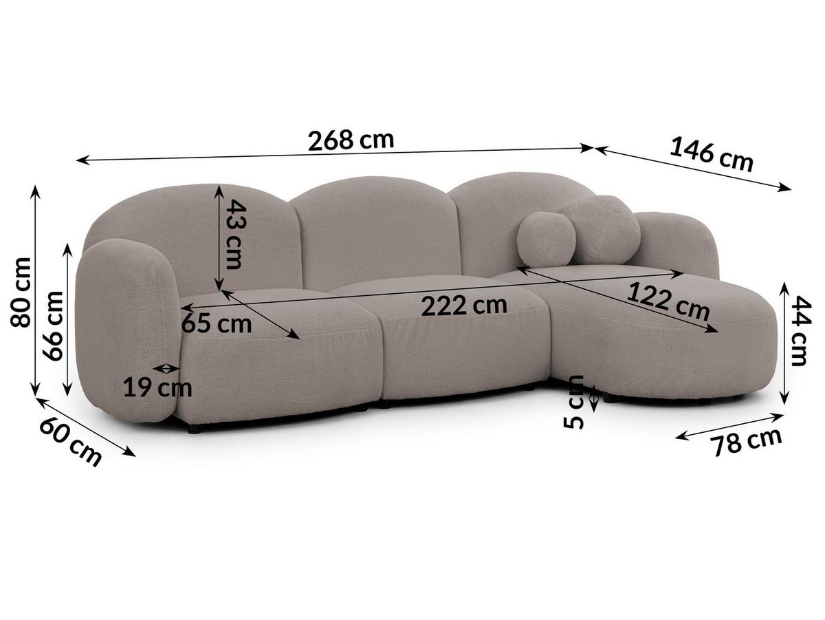 ECKSOFA Nuvola mit abgerundetem Design Hellgrau Bouclé-Stoff - Ottomane Rechts - Hellgrau/Schwarz, Holz/Kunststoff (268/146cm) - S-Style Möbel
