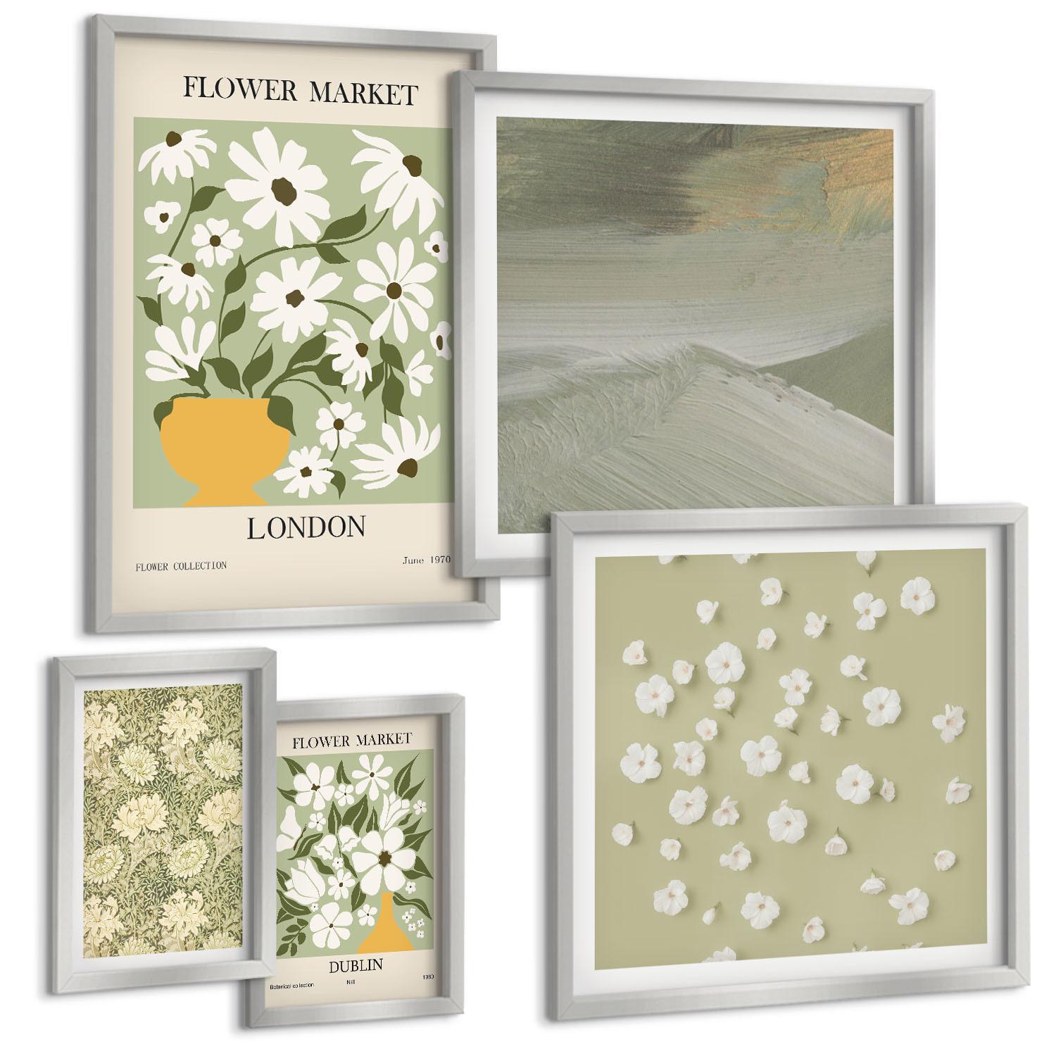 BILDER SET 5er Set - 50x50 cm & 20x30 cm & 40x60 cm Silberner Rahmen - Florale Abstraktionen im Boho-Stil - Silberfarben, Kunststoff (40/60cm) - TULUP