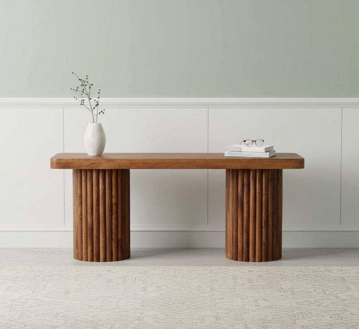 SITZBANK mit Amber-Eichen-Finish, 2 zylindrische kannelierte Basen, warmbraun - Braun, Holz (110/45/35cm) - Artisan Furniture