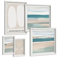 BILDER SET 5er Set - 50x50 cm & 20x30 cm & 40x60 cm Weißer Rahmen - Abstrakte blaue Landschaften - Weiß, Kunststoff (40/60cm) - TULUP