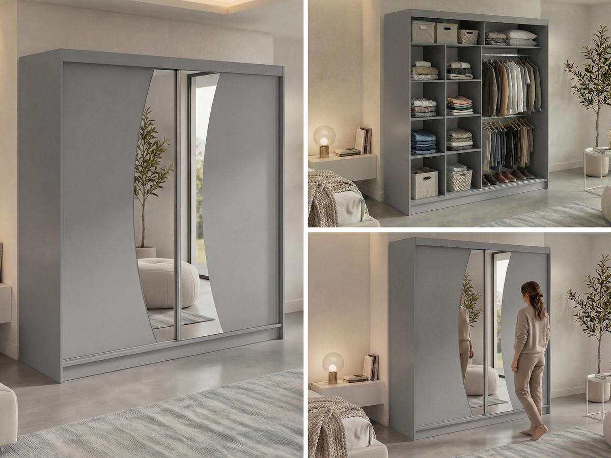 SCHWEBETÜRENSCHRANK 200 - VERONA - Grau mit Spiegel - Alufarben/Grau, Holzwerkstoff/Metall (200/216/61cm) - MKS