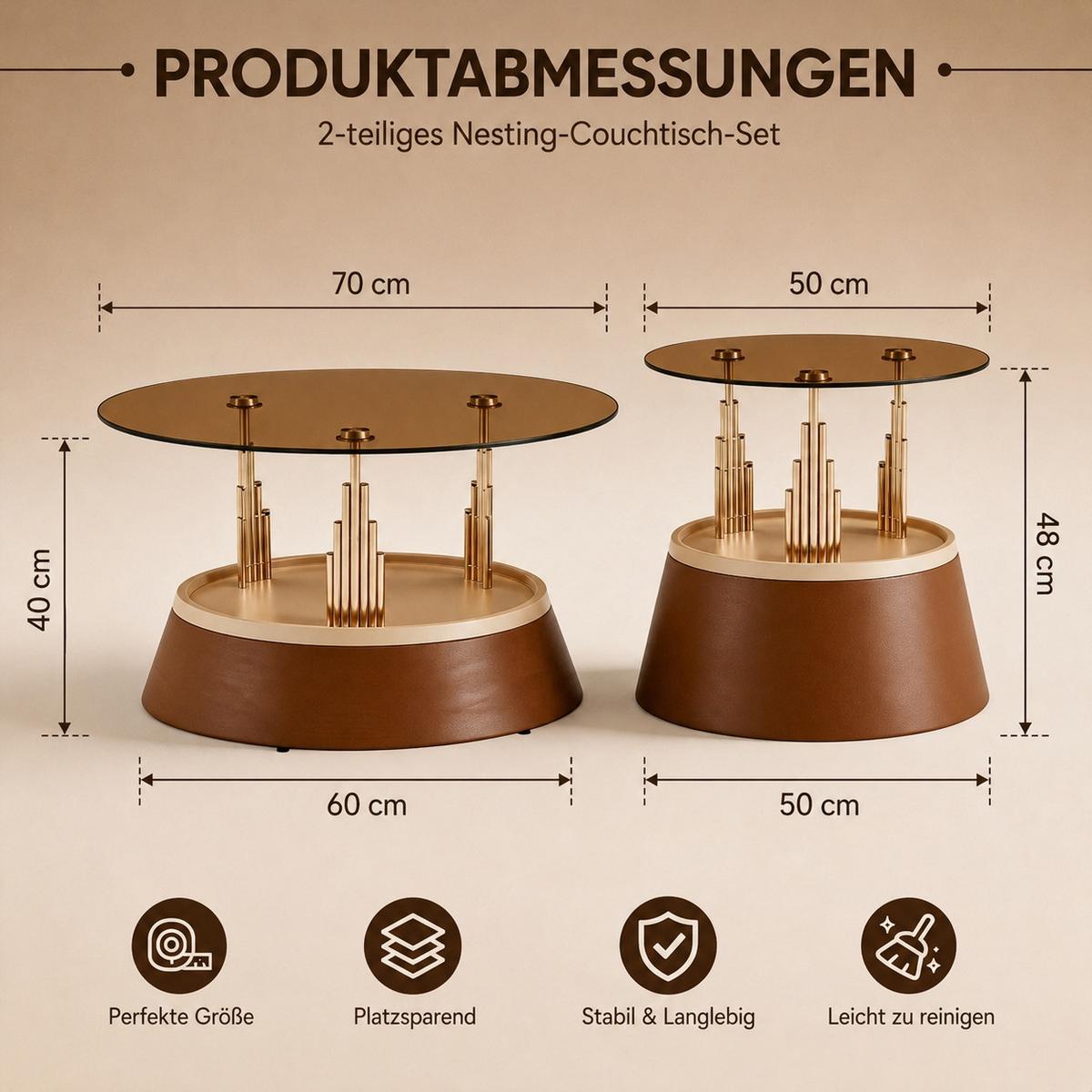 COUCHTISCH 2-teilig Glas & Metall Nesting-Design Rund Braun - Braun, Glas (48/70/60cm) - Urban Meuble
