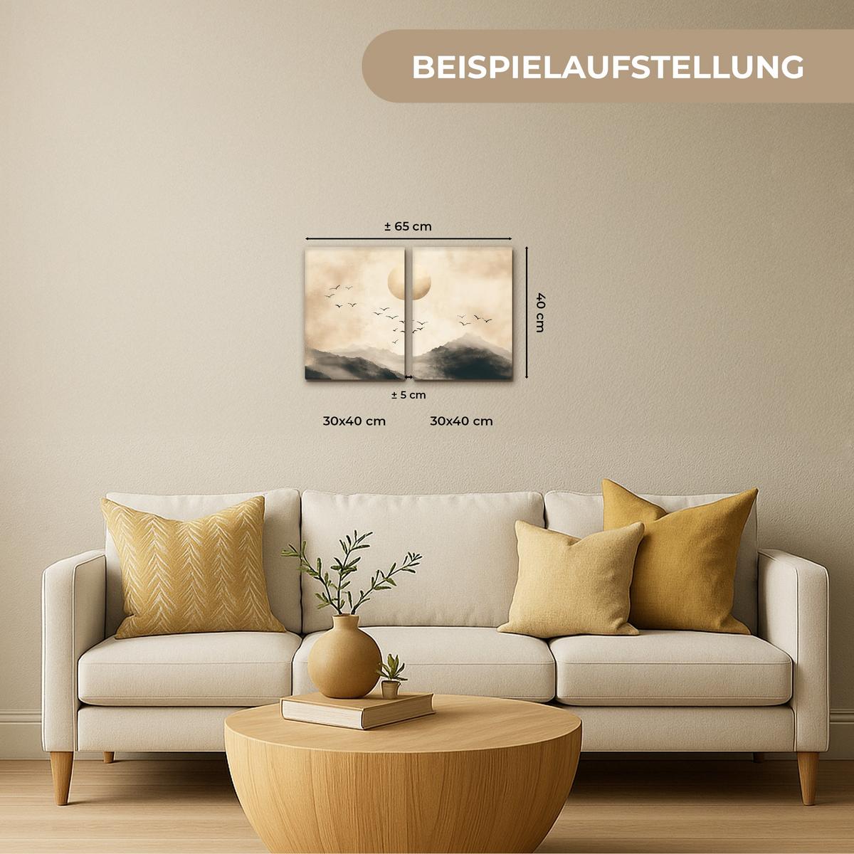 LEINWANDBILD 2er Set Landschaft - Japandi - Beige - Vögel 60x40 cm - Beige, Textil (60/40cm) - MuchoWow