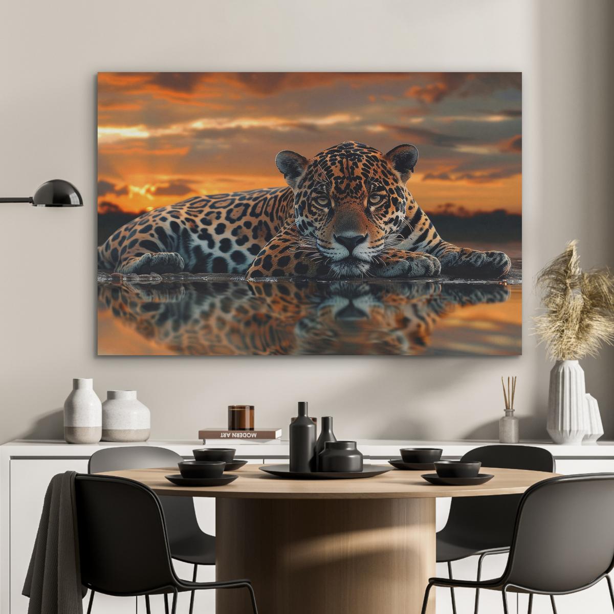 AKUSTIKBILD Natur - Leopard - Tier - Sonnenuntergang - Modern Wandbild Wohnzimmer 100x70 cm - Orange, Kunststoff (100/70/0.9cm) - MuchoWow