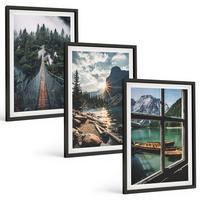 BILDER SET 3er Set - 40x60 cm Schwarzer Rahmen - Brücke, Wald, See, Boote, Berge - Schwarz, Kunststoff (40/60cm) - TULUP