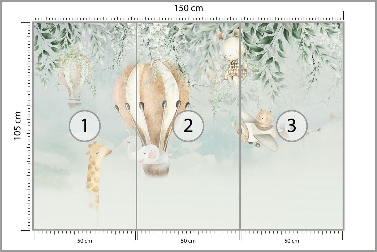 FOTOTAPETE für Kinderzimmer Tiere Wolken Ballons Giraffe Elefant 150x105 - Beige/Braun, Papier (150/105cm) - Muralo