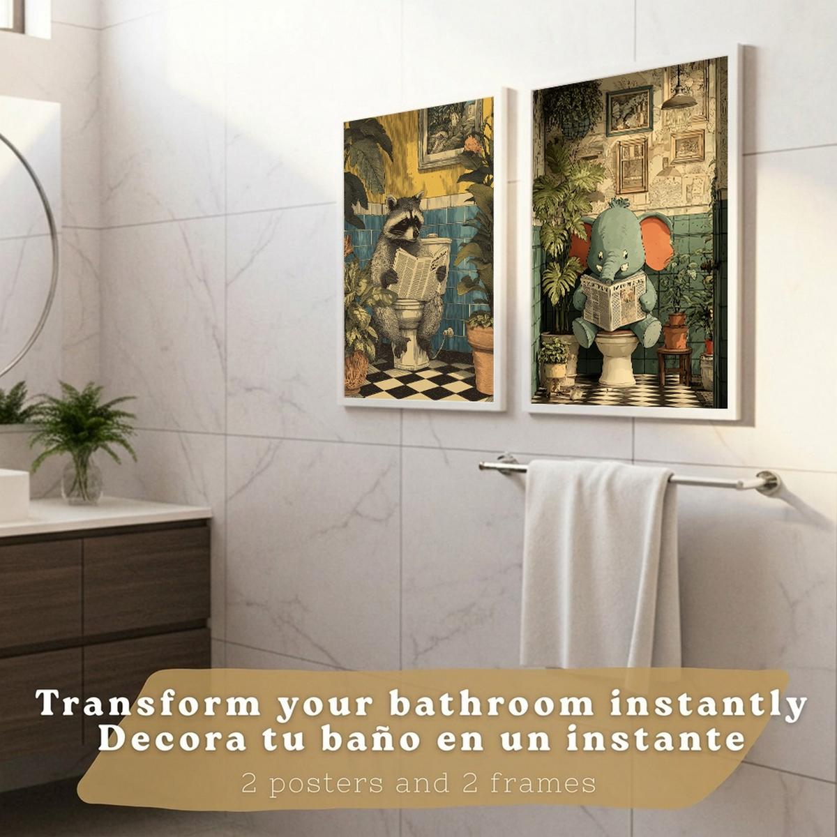 POSTER 2er-Set lustige Badezimmer-Kunstdrucke, Bilder mit lustigen Tieren auf der Toilette, witzige, Badezimmerdekoration, Dusche Weißer Rahmen A4 - Weiß, Papier (29.7/21/3cm) - Nacnic