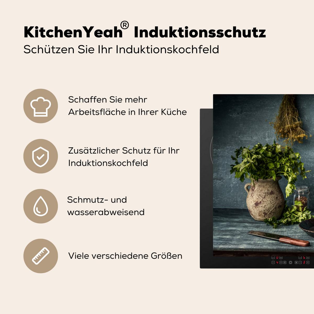 HERDABDECKPLATTE Kräuter - Gewürze - Pfanne - Messer - Grau - Rustikal Induktionsmatte 77x51 cm - Petrol, Kunststoff (77/51/0.2cm) - MuchoWow