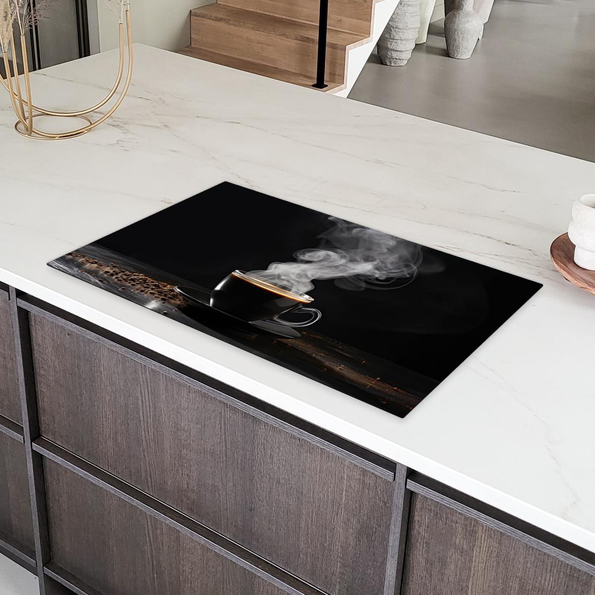 HERDABDECKPLATTE Kaffee - Schwarz - Bohnen - Heiß - Tasse Ceranfeldabdeckung 90x52 cm - Schwarz, Kunststoff (90/52/0.2cm) - MuchoWow
