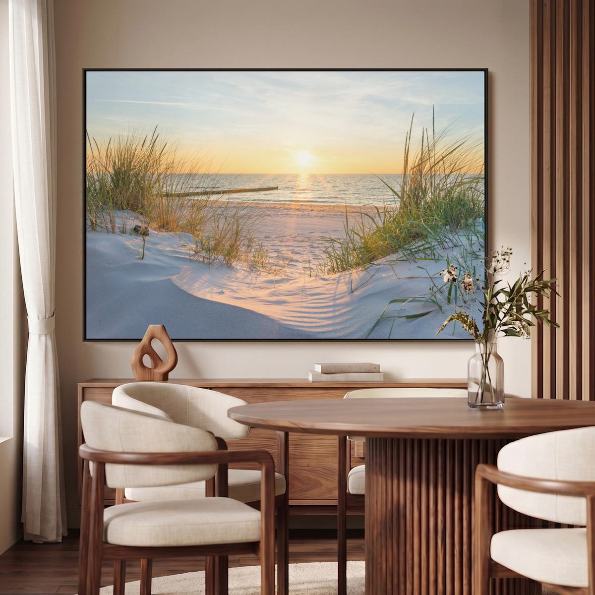 LEINWAND Bilder mit Rahmen - Strand - Sonne - Düne - Gras - Sand - Horizont - 140x90 - Hellblau, Textil (140/90cm) - MuchoWow