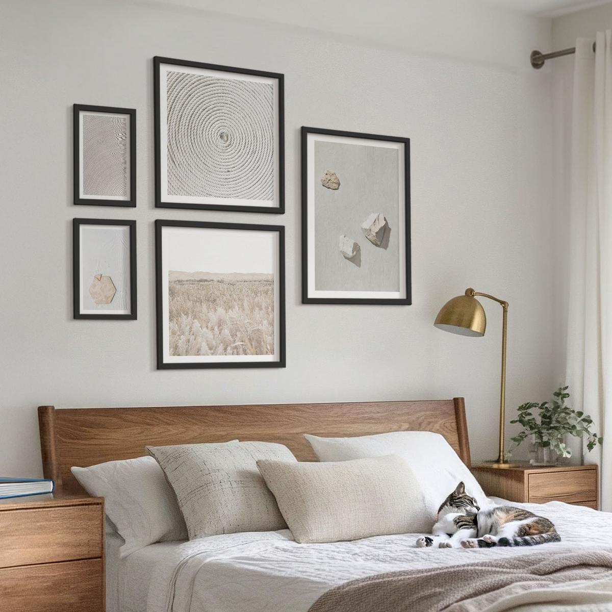 BILDER SET 5er Set - 50x50 cm & 20x30 cm & 40x60 cm Schwarzer Rahmen - Leichte Boho-Sandtexturen - Schwarz, Kunststoff (40/60cm) - TULUP