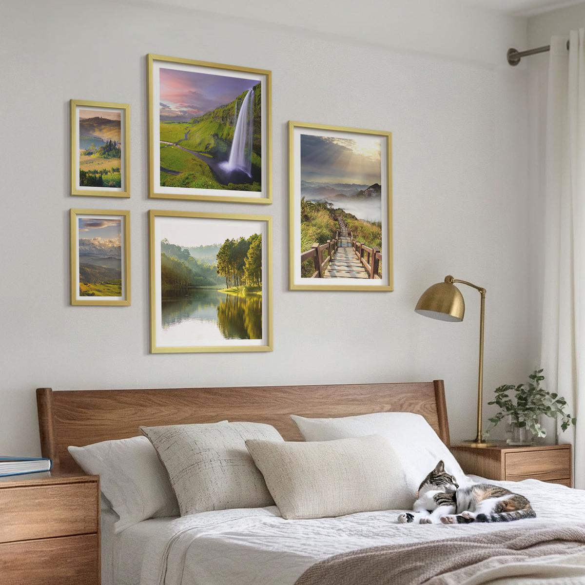 BILDER SET 5er Set - 50x50 cm & 20x30 cm & 40x60 cm Goldrahmen - Aquarell von grünen tropischen Blättern - Goldfarben, Kunststoff (40/60cm) - TULUP