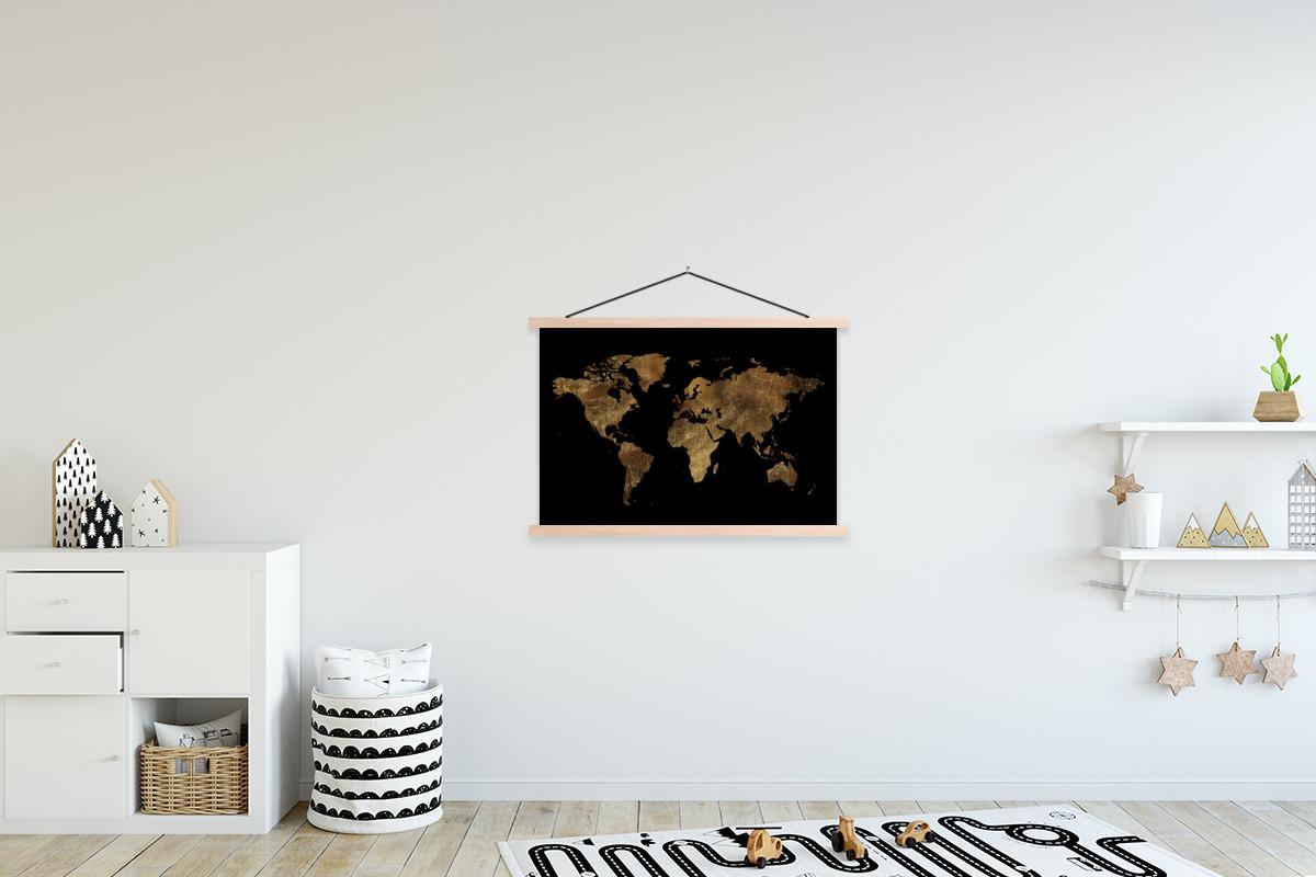 POSTER MIT MAGNETLEISTEN Weltkarte - Gold - Luxus - Erde - Schwarz Wanddeko 90x60 cm - Goldfarben, Textil (90/60/0.15cm) - MuchoWow