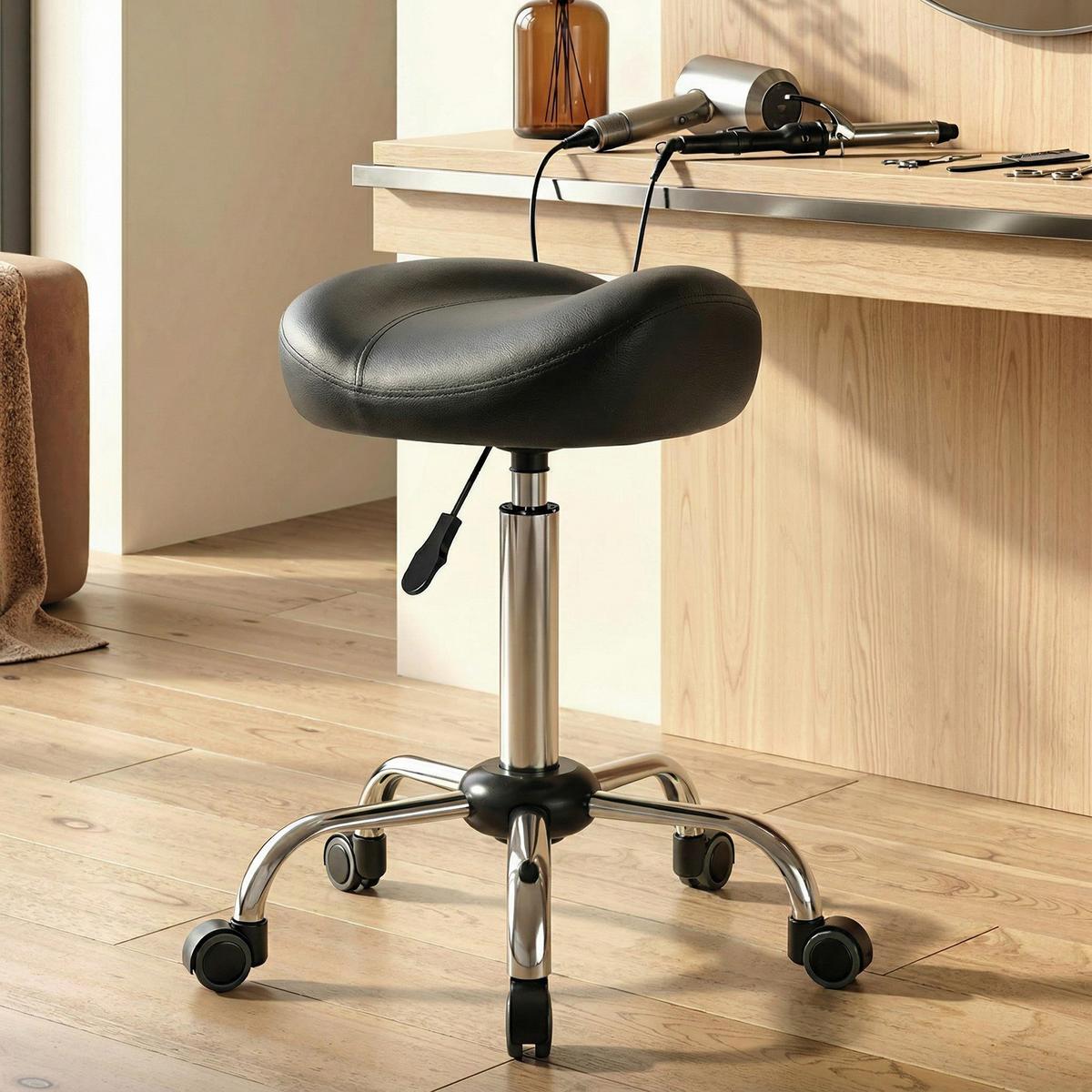 ROLLHOCKER Höhenverstellbarer Arbeitshocker mit Rädern für Massage Schwarz - Schwarz, Leder (48/71/48cm) - HOMCOM