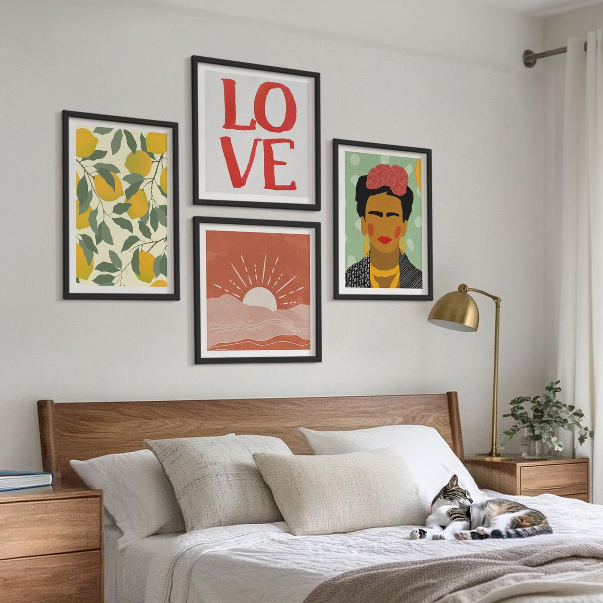 BILDER SET 4er Set - 50x50 cm & 40x60 cm Schwarzer Rahmen - Zitronen Inschrift Liebeslandschaft Frida - Schwarz, Kunststoff (50/50cm) - TULUP