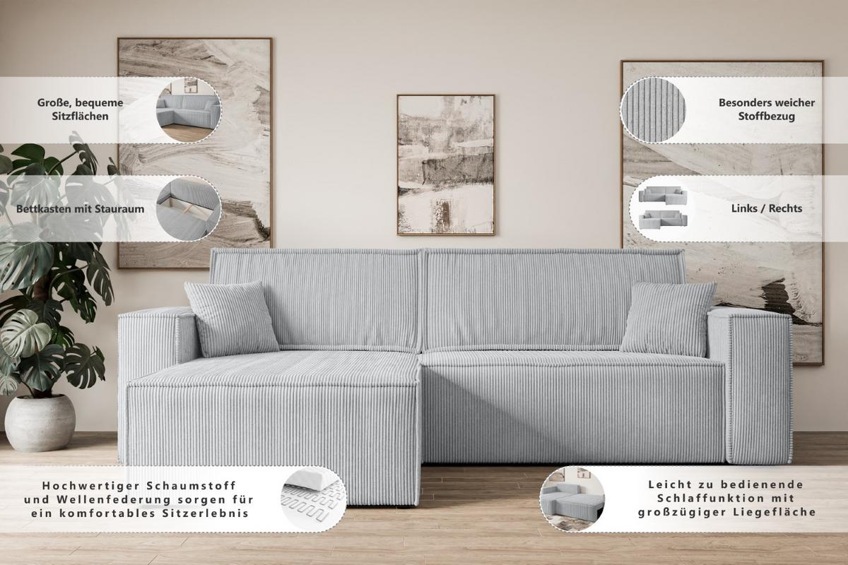 ECKSOFA mit Schlaffunktion und Bettkasten CELTIC-XL - 277x143x83 cm Beige Bouclé - Beige/Schwarz, Holzwerkstoff/Kunststoff (277/143cm) - ALTDECOR