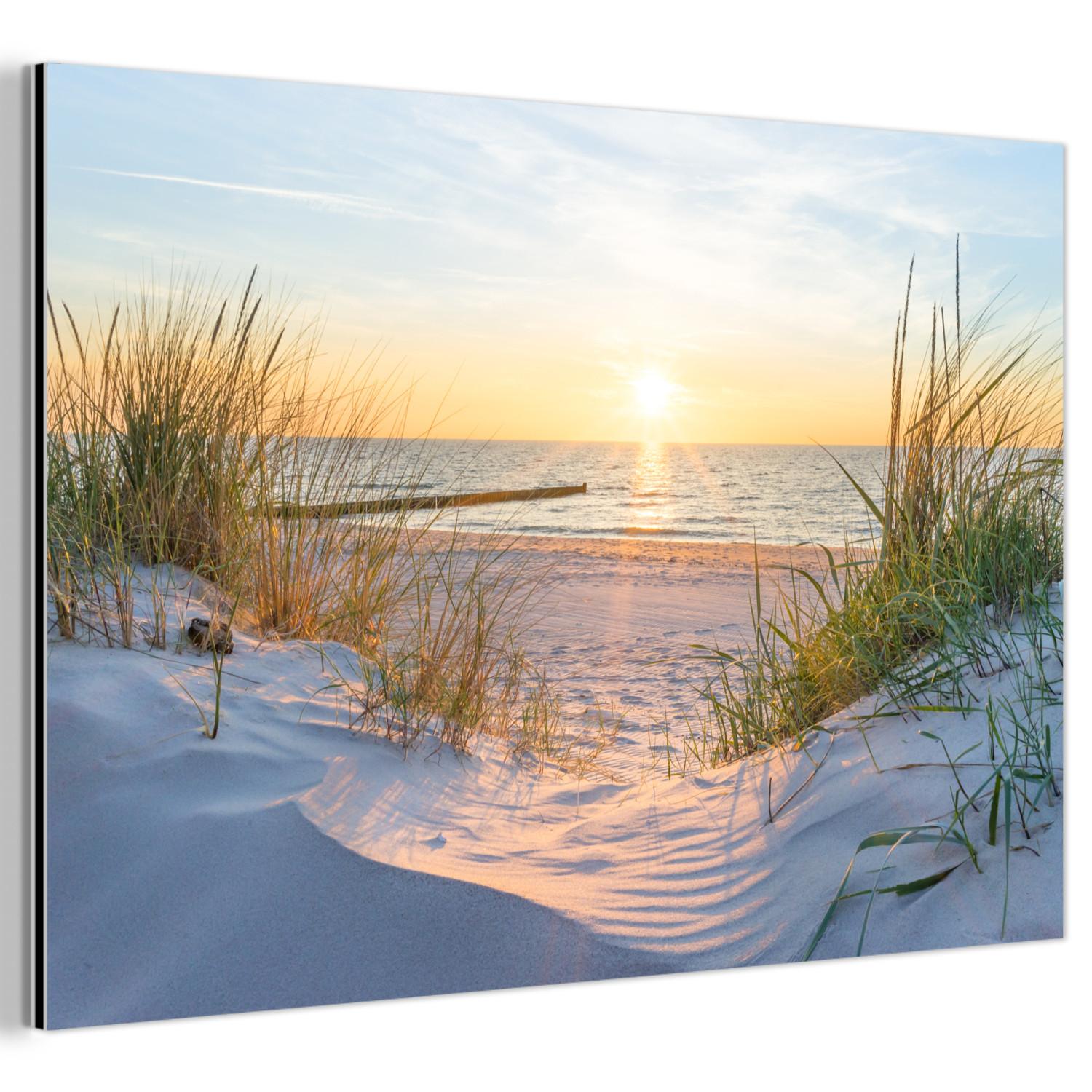 METALLBILD Strand - Sonne - Düne - Gras - Sand - Horizont Deko Groß 120x80 cm - Hellblau, Metall (120/80cm) - MuchoWow