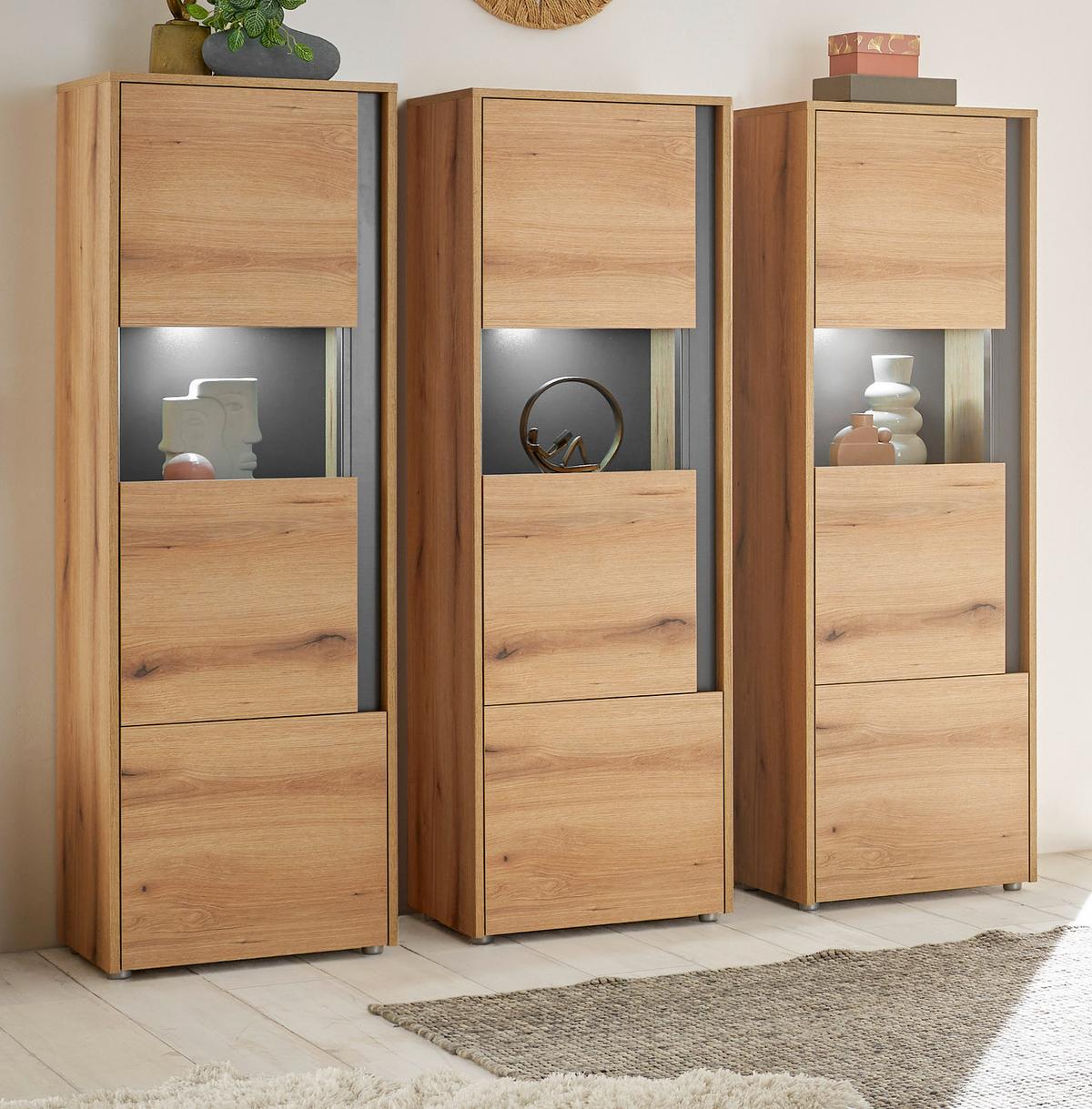 SCHRANK-SET 3-teilig Evoke Eiche, grau, Wohnkombination mit 3 x Vitrine - Eichefarben/Grau, Glas/Holzwerkstoff (190/155/40cm) - Furn.Design