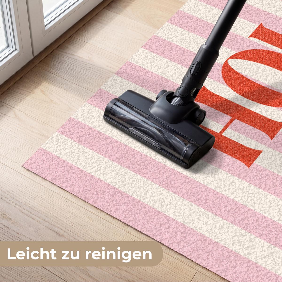 FUSSMATTE Hola - Zitat - Streifen - Pastell - Rosa - Rot - Weiß Schmutzfangmatte 120x80 cm - Rosa, Kunststoff (120/0.4cm) - MuchoWow