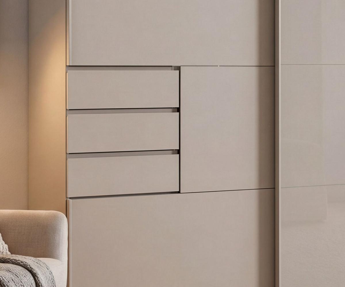 SCHWEBETÜRENSCHRANK 3-türig B270/H208/64 cm, Beige Grau, Mitteltür Glas, Kleiderschrank mit Schubladen & Vollausstattung, / 22616 - Beige, Holzwerkstoff/Metall (270/208/64cm) - luma-home