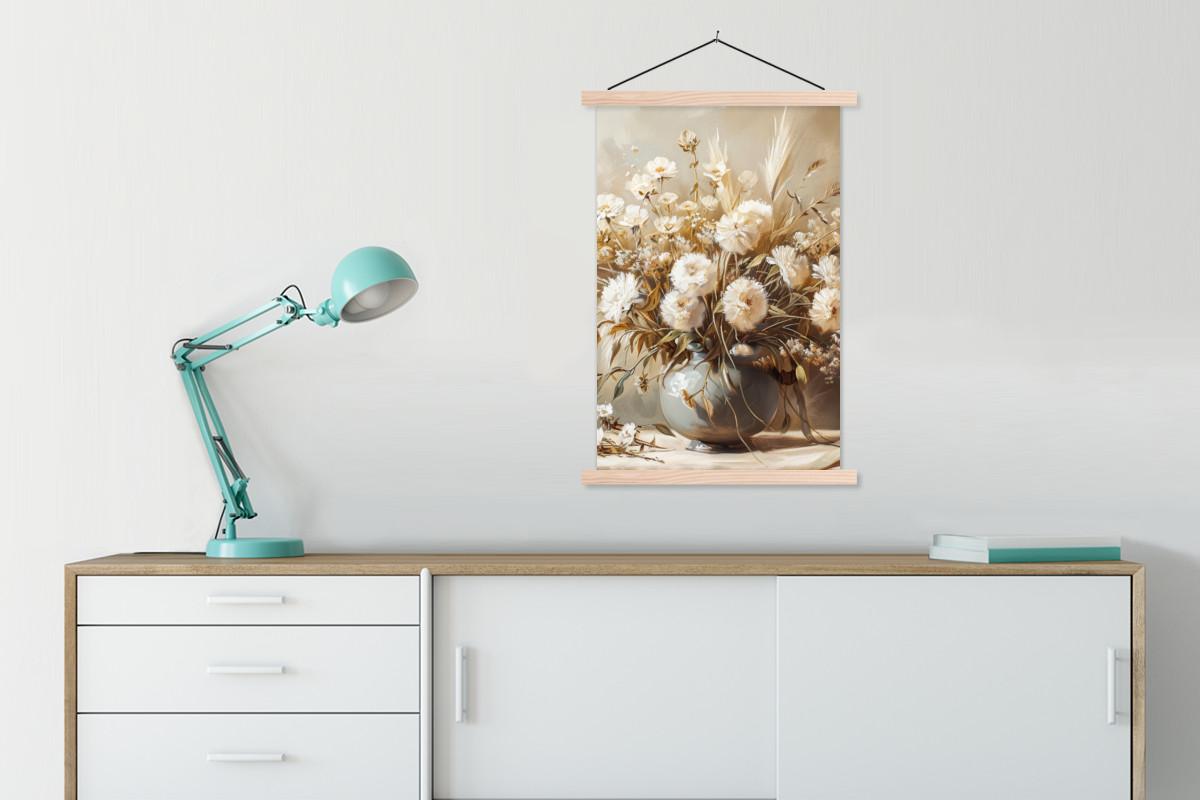 POSTER MIT MAGNETLEISTEN Blumen - Vase - Stilleben - Beige Wandbild Schlafzimmer 60x90 cm - Creme, Textil (60/90/0.15cm) - MuchoWow