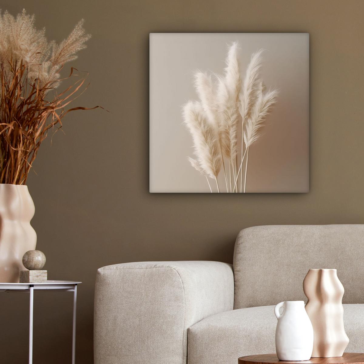 LEINWANDBILD Pampasgras - Federn - Pastell - Weiß Wandbild Wohnzimmer 50x50 cm - Naturfarben, Textil (50/50cm) - MuchoWow