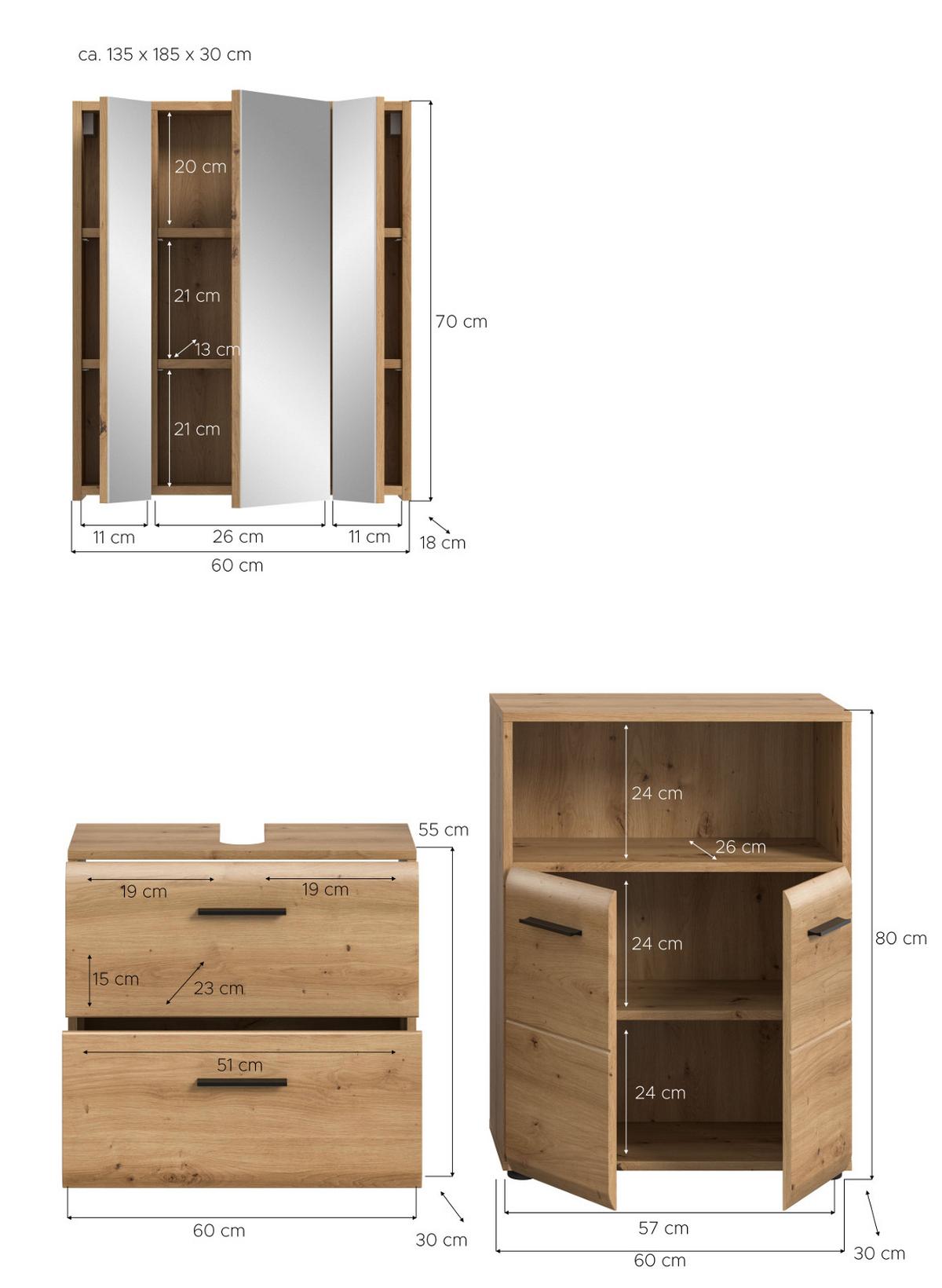 BADMÖBEL-SET 3-teilig in Eiche Artisan, Badkombination modern mit Vollauszug Schubkästen, Breite 135 cm - Schwarz/Eiche Artisan, Glas/Holzwerkstoff (135/185/30cm) - Inn.Furn