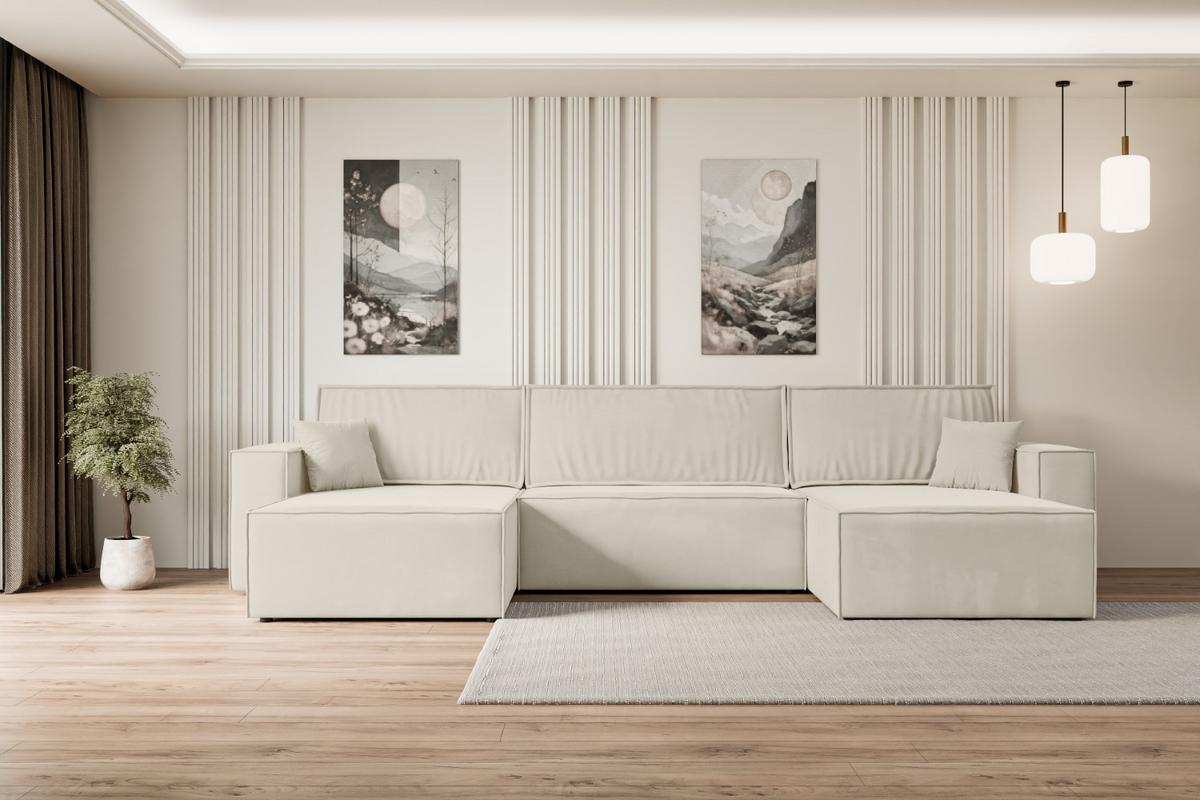 WOHNLANDSCHAFT mit Schlaffunktion und Bettkasten CELTIC-XLU - 377x143x83 cm Beige Velours - Beige/Creme, Holzwerkstoff/Kunststoff (377/83/143cm) - ALTDECOR
