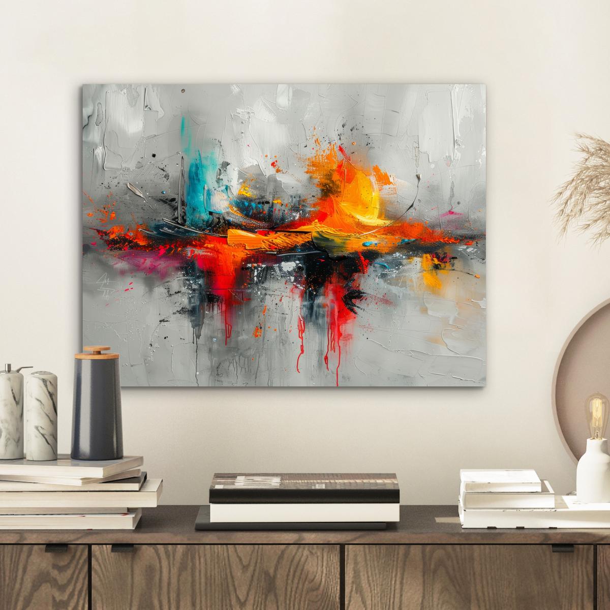 METALLBILD Moderne Kunst - Orange - Grau - Abstrakt 40x30 cm - Hellgrau, Metall (40/30cm) - MuchoWow